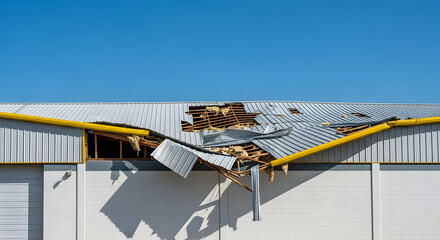 Catastrophic damage to a corrugated metal roof of a commercial building, requiring urgent repair roof services after extreme weather.