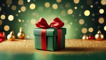 Fototapeta premium a small green gift box with a large red bow displayed on a festive background with golden accents