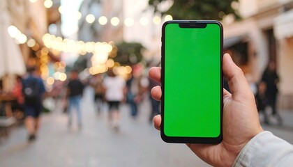 Smartphone in hand, city background