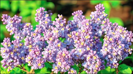 Obraz premium Lilac blossoms blooming in garden, sunlit background, spring floral design