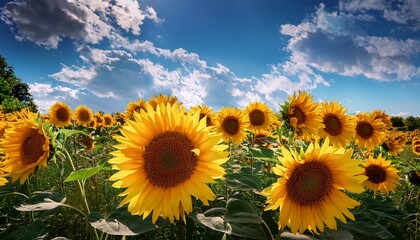 Fototapeta premium sunflowers are blooming under a cloudy blue sky creating a vibrant and cheerful summer scene with their bright yellow petals and green leaves