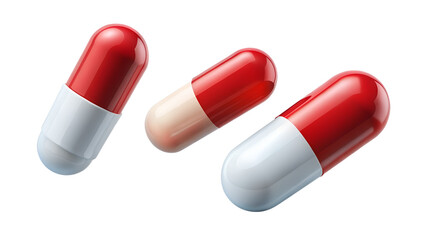 Three red and white capsules are isolated on transparent background, representing medication, health, and pharmaceutical treatment