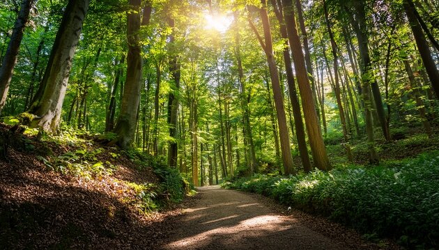 a serene forest pathway with lush green trees and dappled sunlight creating a tranquil atmosphere