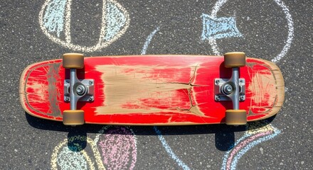 A well-used skateboard with red and worn wood detailing resting on asphalt covered in colorful chalk drawings outdoors in bright sunlight.
