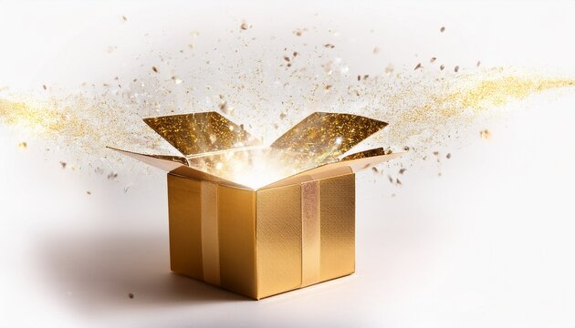 surprise gift box with metallic foil lid pops open with golden light burst white background festive confetti glowing particles