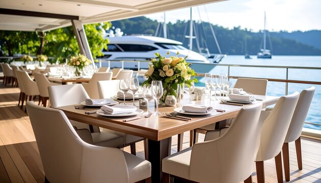 Outdoor dining on a yacht deck overlooking a marina