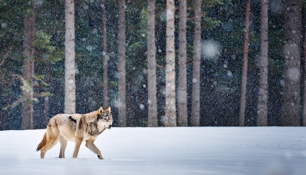 lone wolf walking through snow covered forest showcasing its majestic presence amidst falling snowflakes scene evokes sense of solitude and strength
