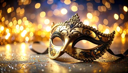 Ornate gold masquerade mask on glittery surface, bokeh background