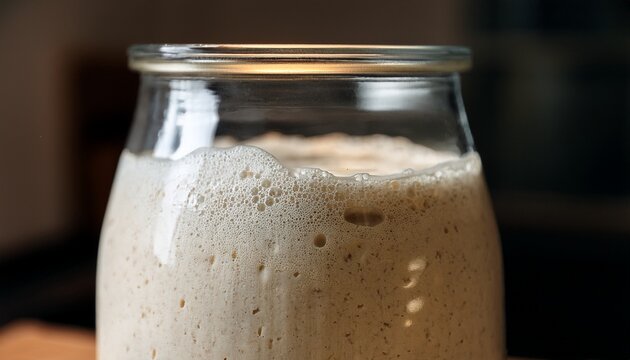 close up view of bubbling sourdough starter in a clear glass jar during the fermentation process