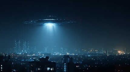 UFO Flying Over Cityscape at Night &ndash; Sci-Fi Flat Vector

