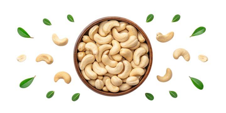 Top View of Cashew Nuts in a Bowl Isolated on Transparent Background (PNG)
Cashew Nuts in Wooden Bowl – High-Quality PNG with Transparent Background, Top View