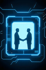 3D silhouette icon of two people shaking hands through a glowing digital screen portal, symbolizing virtual collaboration, futuristic business deals, and online partnership — clean white background

