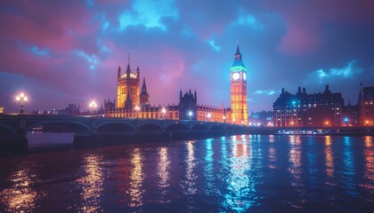Obraz premium London's iconic Big Ben and Parliament illuminated at night, reflecting vibrant colors on the Thames.