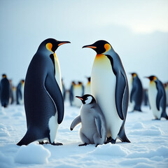 Obraz premium Two regal emperor penguins stand on a snowy Antarctic rock, embracing the wild, cold nature of their polar home