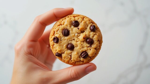 Hand Holding a Homemade Cookie. Holding a Single Golden Biscuit. 