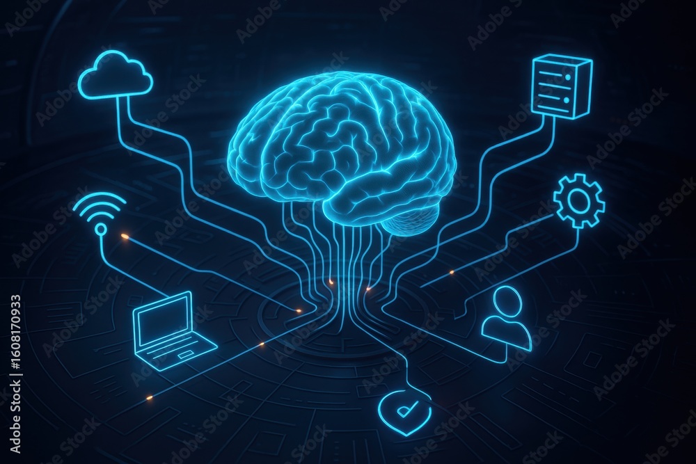 Poster digital brain: an illuminated digital brain, interconnected with multiple icons representing various