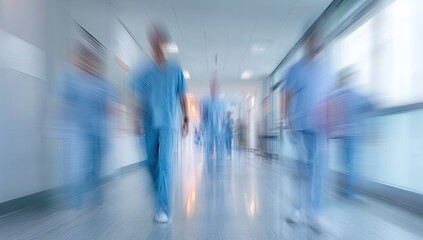 Blurred motion of medical professionals in a hospital hallway