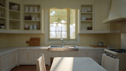 Blurred kitchen interior with natural light, evoking a sense of tranquility and domestic comfort