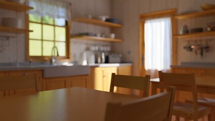 Fototapeta premium Rustic, warm-toned kitchen interior with wooden furniture evokes a cozy and inviting atmosphere.