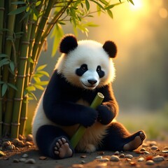Fototapeta premium Cute giant panda bear cub in China eating bamboo