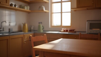 Sunlit kitchen with a wooden table and window showcases warm interior design aesthetics.