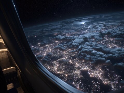 Night aerial view of illuminated city through airplane window, with clouds