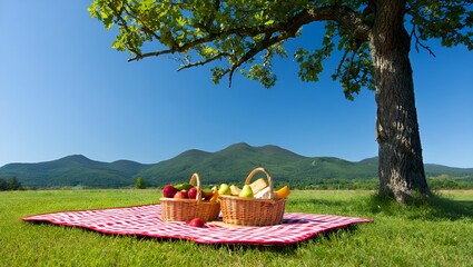 Peaceful outdoor scene of a picnic with food baskets, blanket, tree, and hills on a bright day.
