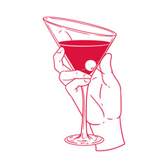 Original illustration of a hand holding a martini glass, for restaurants, bars, menus, posters, cards, graphic design.