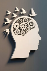 3D silhouette icon of a human head with internal gears morphing into flying birds, symbolizing creativity, innovation, and freedom of thought — minimal vector-style on clean white background
