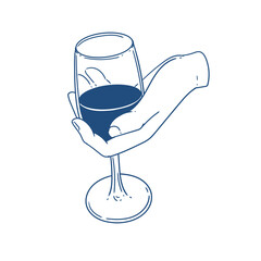 Original illustration of a hand holding a glass of wine, for restaurants, bars, menus, posters, cards, graphic design.