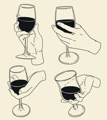 Set of original illustrations of a hand holding a glass of wine in different poses for posters, cards, and graphic design.