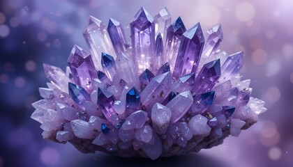 A cluster of amethyst crystals shines, exhibiting a vibrant purple hue, magical, upscaled beauty.