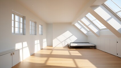 Fototapeta premium Bright minimalist attic interior with wooden floor and skylights creates serene atmosphere