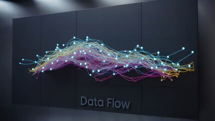 A data flow visualization with colorful lines and glowing dots on a dark gray background display panel