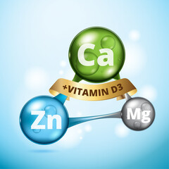 bubbles, calcium minerals, zinc vitamins, magnesium, vitamin D3 with ribbon