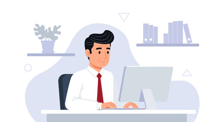 Businessman working on computer in modern office - perfect for website banners or presentations.