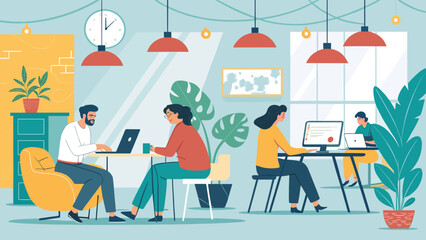 Modern co-working space illustration, ideal for websites and brochures promoting collaboration and teamwork.