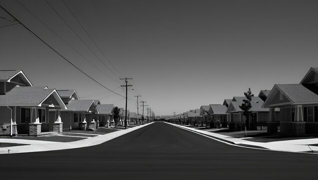 Fototapeta A long street in a suburban neighborhood is captured in black and white photography.