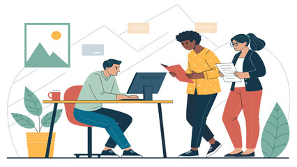 Diverse business team collaborating on a project, perfect for website banners or marketing materials.