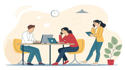 Teamwork in a modern office: Illustration of three colleagues collaborating on projects, perfect for business websites and presentations.