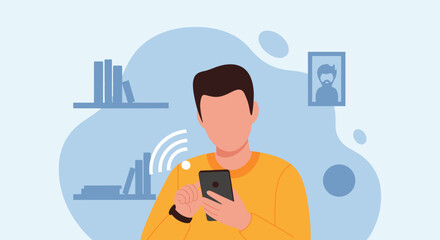 Man using smartphone, modern illustration for website or app design.