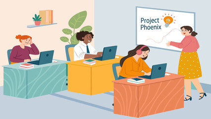 Diverse team collaborating on Project Phoenix; ideal for website banners, presentations, or marketing materials.