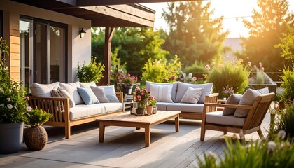 Outdoor patio furniture set under a covered porch. Sunlight streams through the trees