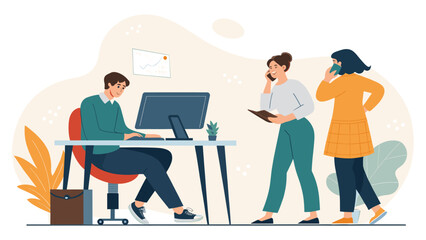 Teamwork in a modern office: Illustration perfect for website banners, presentations, or brochures.