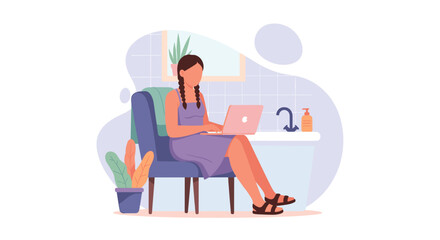 Woman working on laptop in bathroom, perfect for blog posts about work-life balance or remote work.