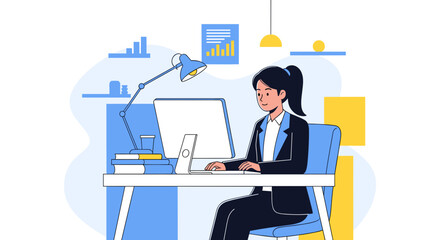 Businesswoman working on computer in modern office.  Perfect for websites, presentations, and marketing materials.