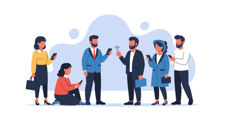 Diverse group of professionals using smartphones, ideal for website banners, app marketing, or social media posts.