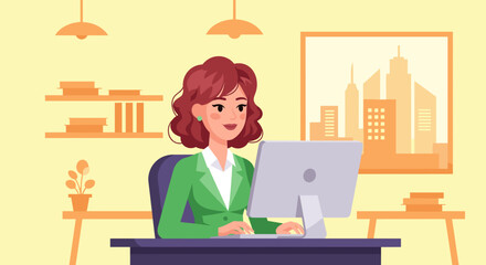 Businesswoman working on computer in modern office, ideal for website banners or corporate brochures.