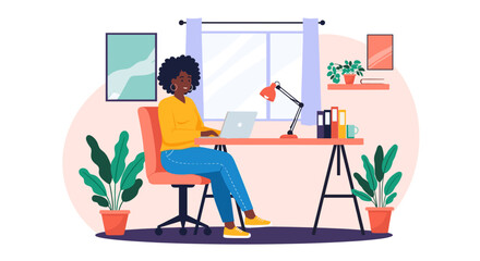 Happy woman working from home on laptop, perfect for remote work blogs and articles.