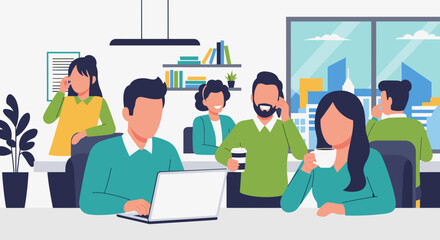 Diverse team of professionals working in a modern office, perfect for illustrating teamwork and collaboration on a company website or brochure.